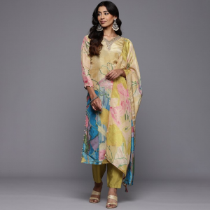 Floral Embroidered Beads & Stones Pure Silk Kurta With Trousers & Dupatta