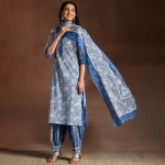 Blue Floral Printed Round Neck Pure Cotton Straight Kurta With Salwar & Dupatta