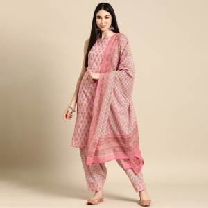 Floral Printed Boat Neck Pure Cotton Kurta With Salwar & Dupatta