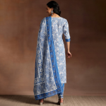 Blue Floral Printed Round Neck Pure Cotton Straight Kurta With Salwar & Dupatta
