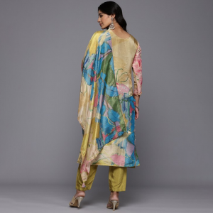 Floral Embroidered Beads & Stones Pure Silk Kurta With Trousers & Dupatta