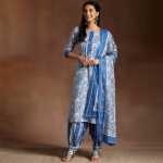 Blue Floral Printed Round Neck Pure Cotton Straight Kurta With Salwar & Dupatta